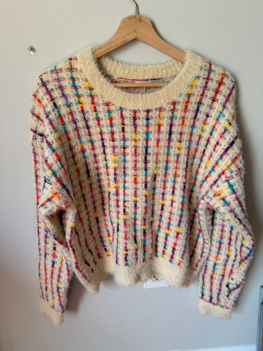Cream Multicolor Stripe Fuzzy Crew Neck Sweater